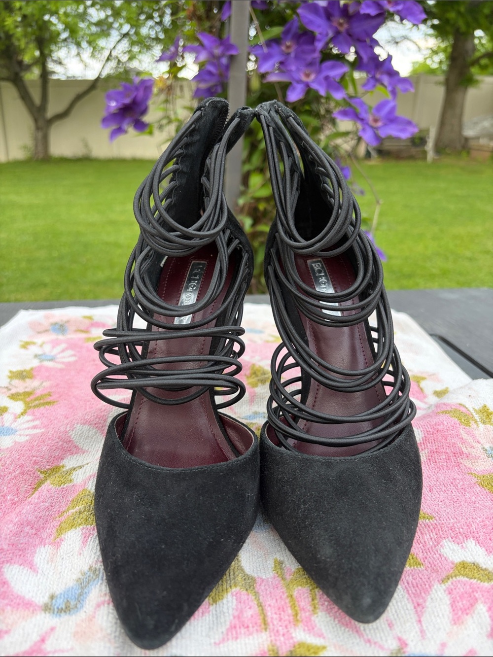 BCBGeneration Black Suede Pointed Toe Strappy Heels